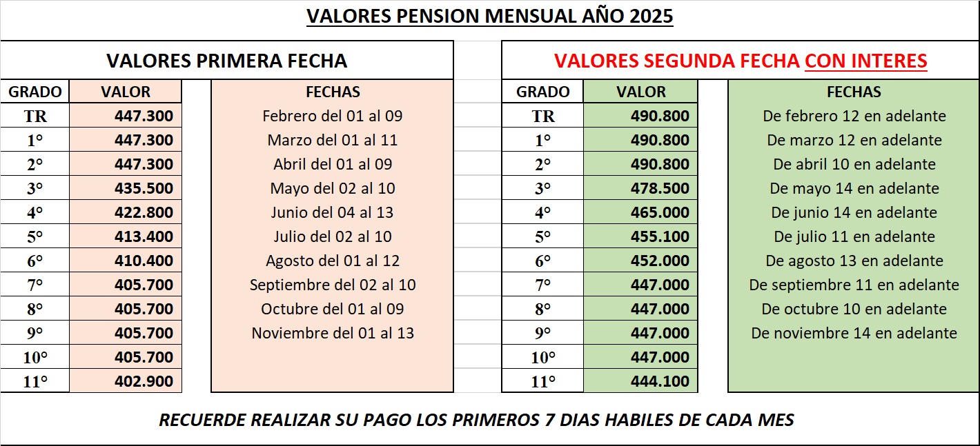 VALORES PENSION MENSUAL 2025